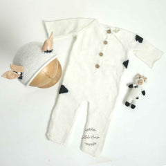 Baby Mohair knitted Romper Bonnet and Teddy Calf Set of 3 Outfit O059 | NB | White