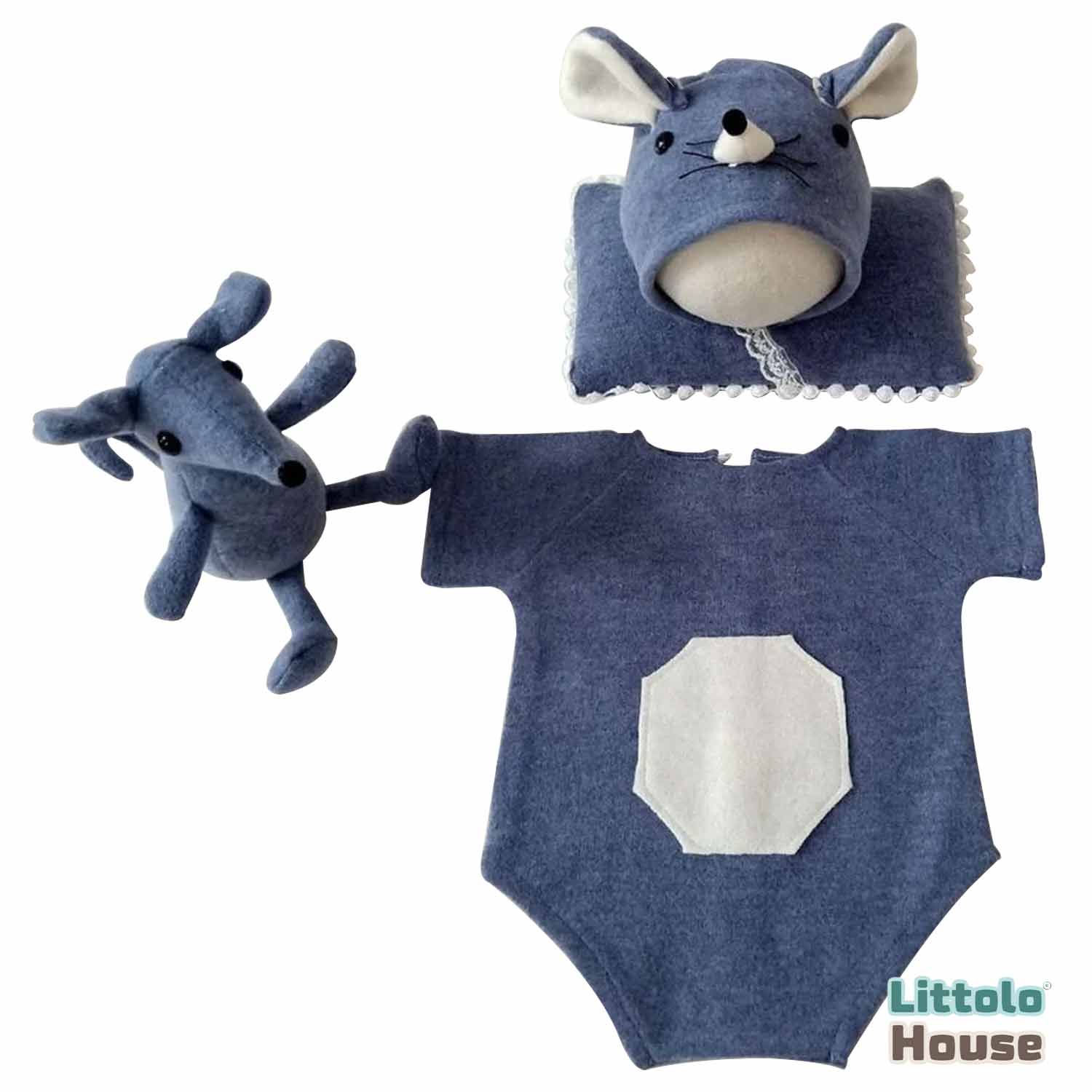 Baby Romper with Posing Aid Mouse Bonnet and Mouse Soft Toy SR069 | Set of 4 | NB | Denim Blue