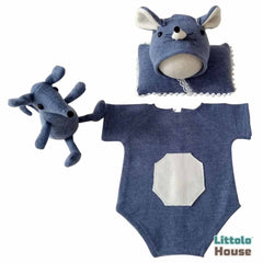 Baby Romper with Posing Aid Mouse Bonnet and Mouse Soft Toy SR069 | Set of 4 | NB | Denim Blue