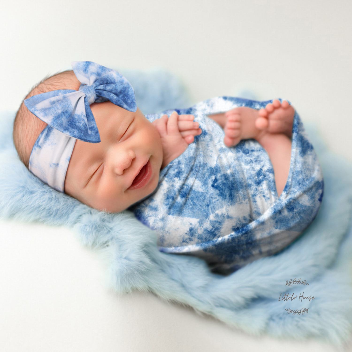 Baby Tie Dye Swaddle Wrap with Hairband SR079 | NB | Light Blue