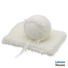 Baby Wool Knit Wrap with Mohair Bonnet SR088 | NB | Milky White