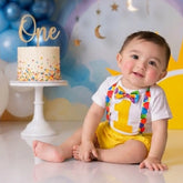 Baby 1st Birthday Cake Smash Romper and Suspender Shorts Set of 2 Outfit O079 | 1Y | Yellow
