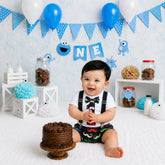 Baby 1st Birthday Cake Smash White Romper and Suspender Shorts Set of 2 Outfit O079 | 1Y | Mustache print