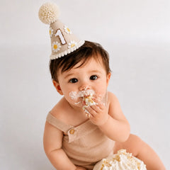 Baby 1st Birthday Floral Daisy Hat with Pom-Pom D167 | Pack of 1 | Light Brown