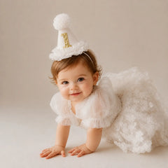 Baby 1st Birthday Glitter Hat with Pom-Pom D172 | Pack of 1 | White