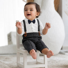 Baby Boy Suit Romper with Cap and Bow Tie Outfit O044 | 6M | White Grey