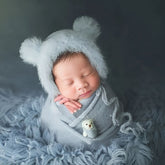 Baby Crochet Mohair Bonnet with Wrap and Teddy SR025 | Set of 3 | 3M | Sky