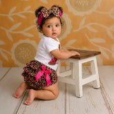 Baby Girl Birthday Cake Smash Outfit Leopard Fashion Romper with Shorts and Hairband Set of 3 Outfit O068 | 1Y | Brown White