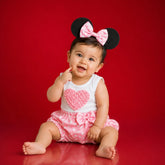Baby Girl Birthday Cake Smash Outfit Sleevless Top with Polka Dot Shorts and Cartoon Hairband Set of 3 Outfit O066 | 1Y | Pink White