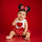 Baby Girl Birthday Cake Smash Outfit Sleevless Top with Polka Dot Shorts and Cartoon Hairband Set of 3 Outfit O066 | 1Y | Red White