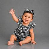 Baby Girl Chex Cotton Strapped Romper with Headband O211 |Black