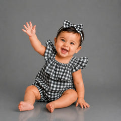 Baby Girl Chex Cotton Strapped Romper with Headband O211 |Black