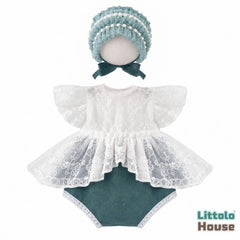 Baby Girl Knit Lace Frock with Lace Bonnet SR004 | Set of 2 | NB | Green