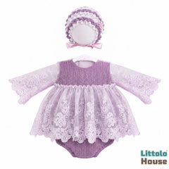 Baby Girl Knit Lace Frock with Lace Bonnet SR004 | Set of 2 | NB | Purple