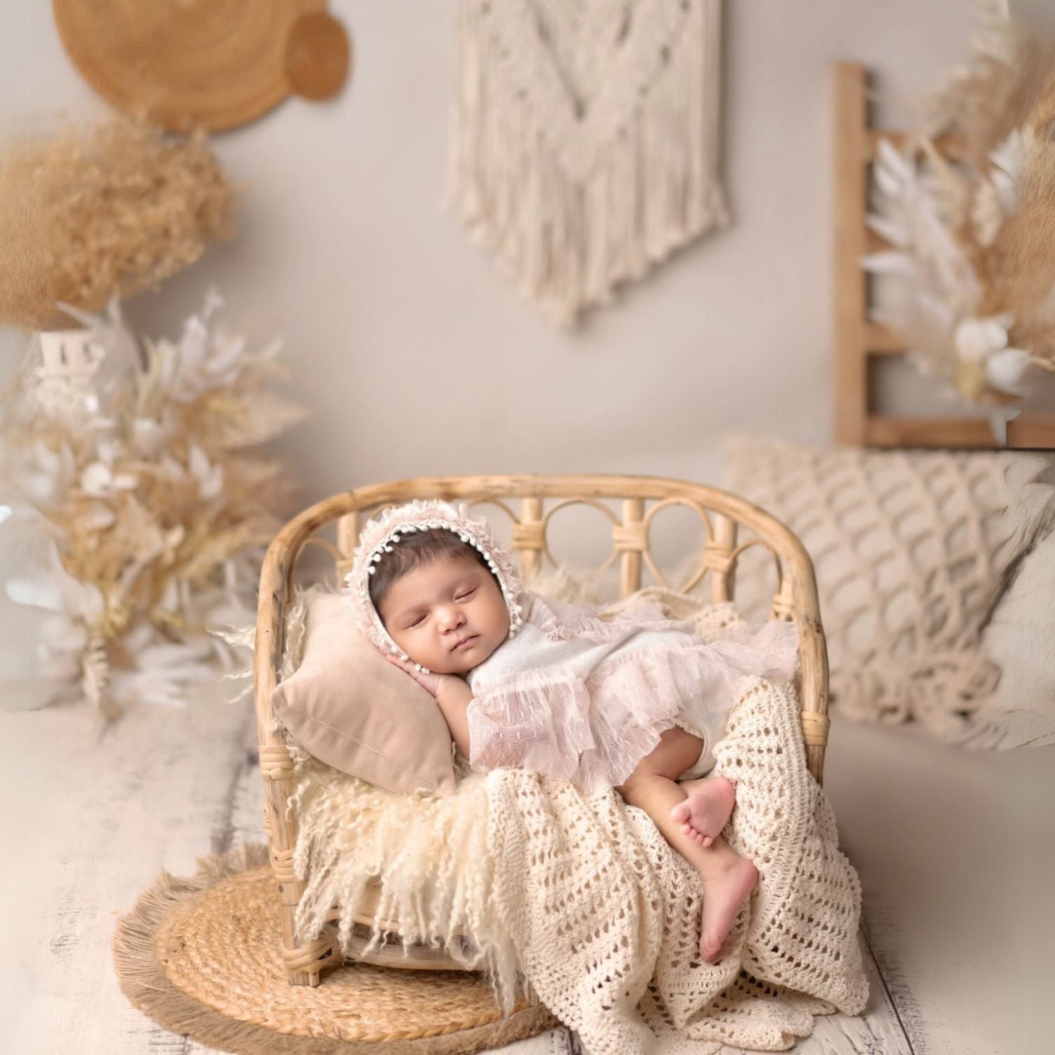 Baby Girl Lace Romper with Bonnet SR006 | Set of 2 | NB | White Peach