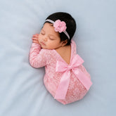 Baby Girl Open Back Lace Romper with Hairband Outfit O082 | NB | Pink