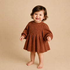 Baby Girl Puff Sleeve Girls Ribbed Dress O018 | 1Y | Brown