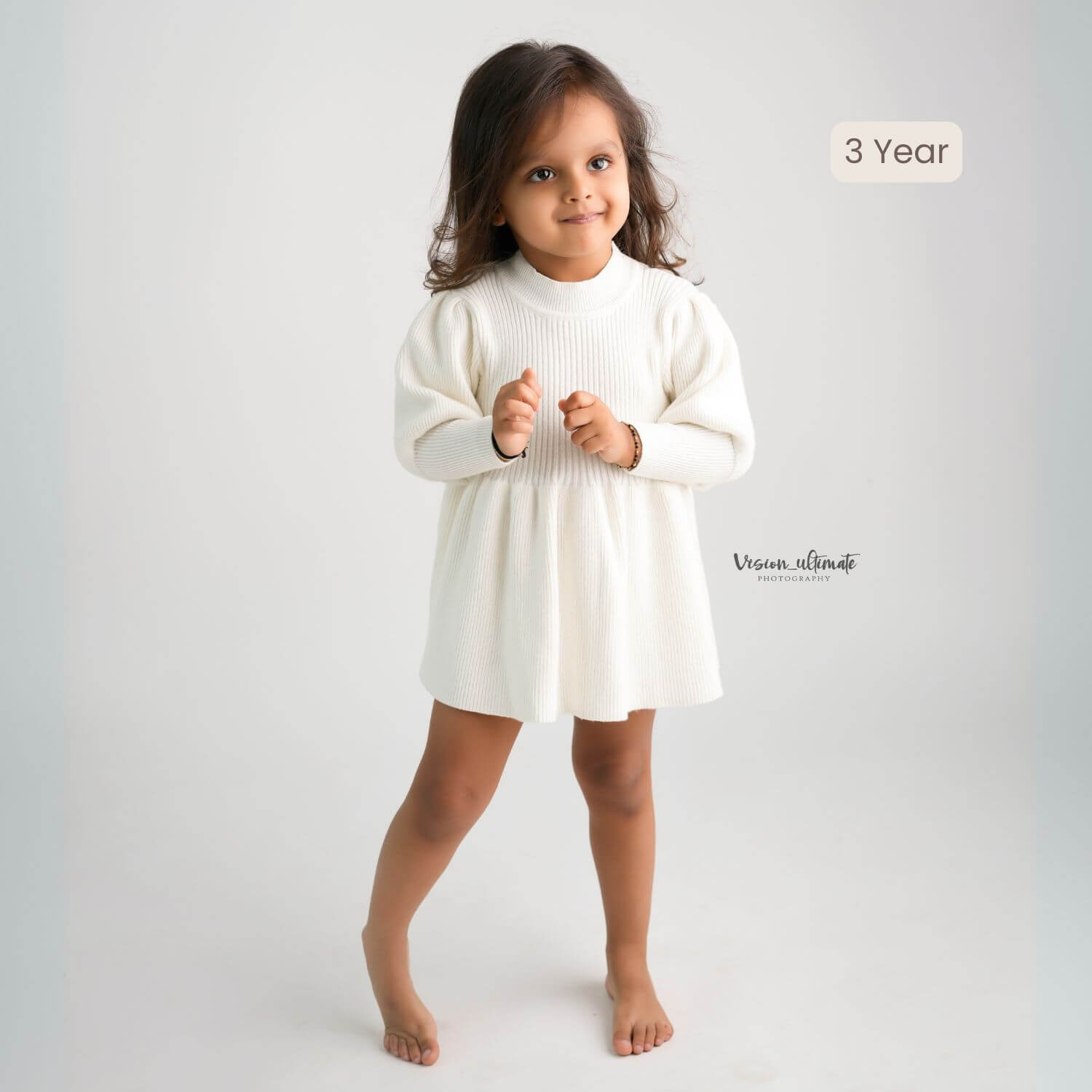 Baby Girl Puff Sleeve Girls Ribbed Dress O018 | 1Y | Off White