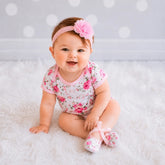 Baby Girl Romper with Hairband and Booties Set of 3 Outfit O065 | 1Y | Rose Print