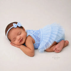 Baby Girl Ruffle Lace Romper with Headband O225 | 3M | Sky Blue