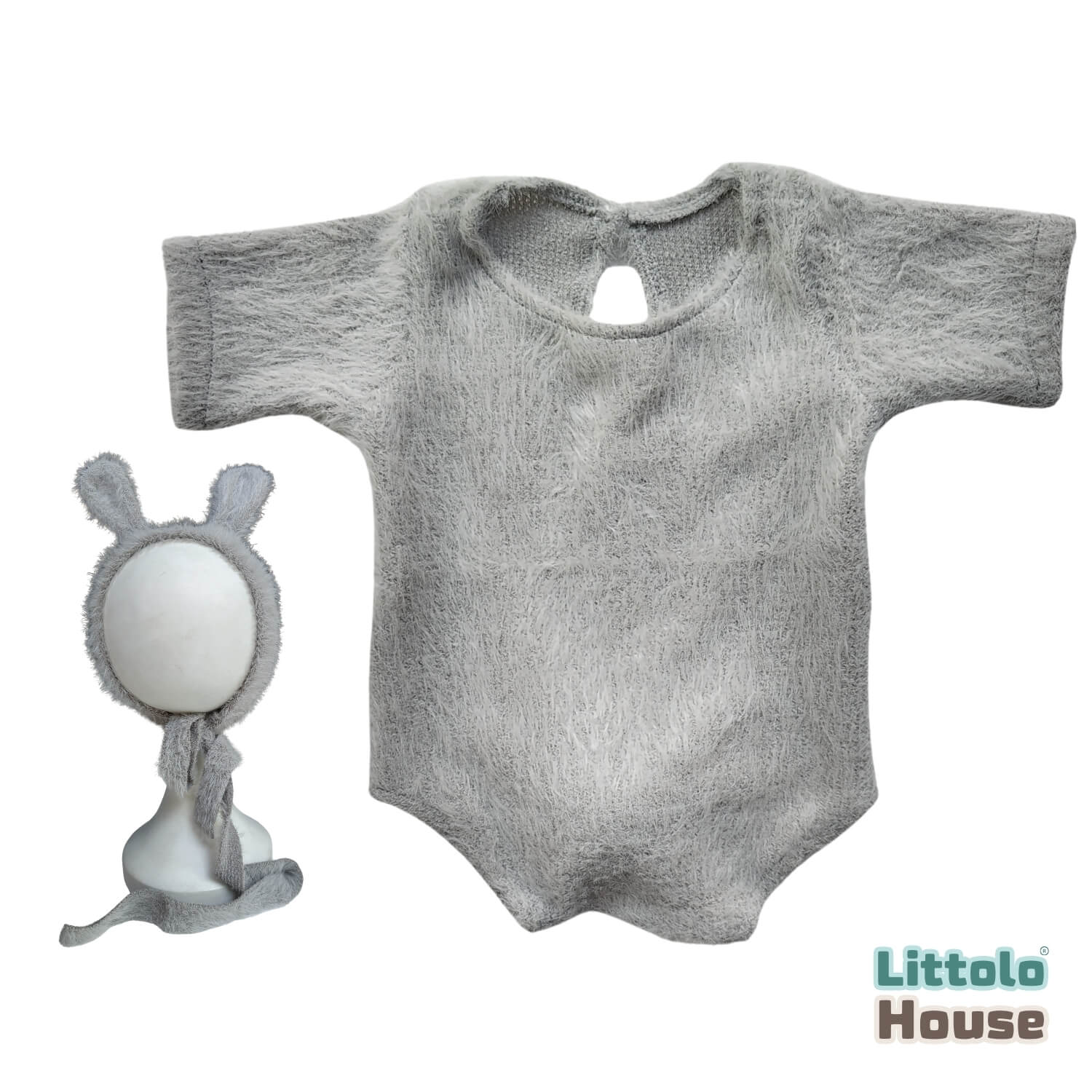 Baby Premium Furry Romper with Bunny Bonnet O232 | 3M | Light Grey