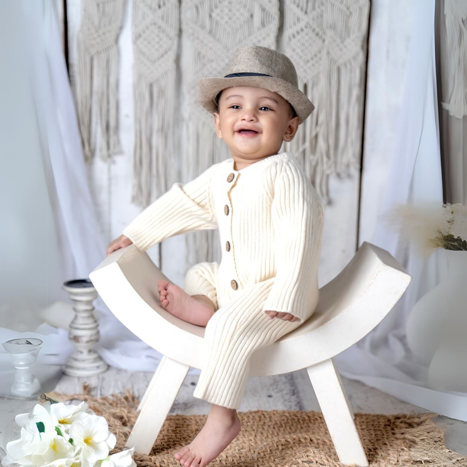 Buy Off-White Woolen Ribbed Romper for Baby Photoshoot