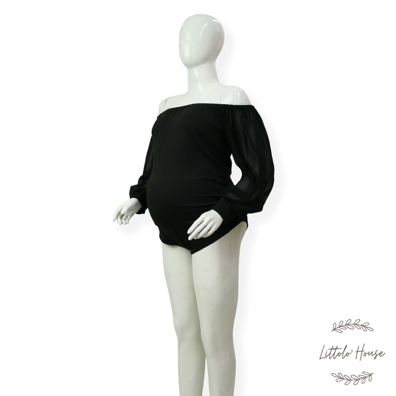 Bodysuit with Chiffon Puff Full Sleeves M040 | M | Black