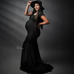 Chiffon Flowy Dress with Short Chiffon Sleeves M002 Maternity Gown | L | Black