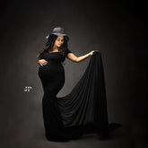 Chiffon Flowy Dress with Short Chiffon Sleeves M002 Maternity Gown | L | Black