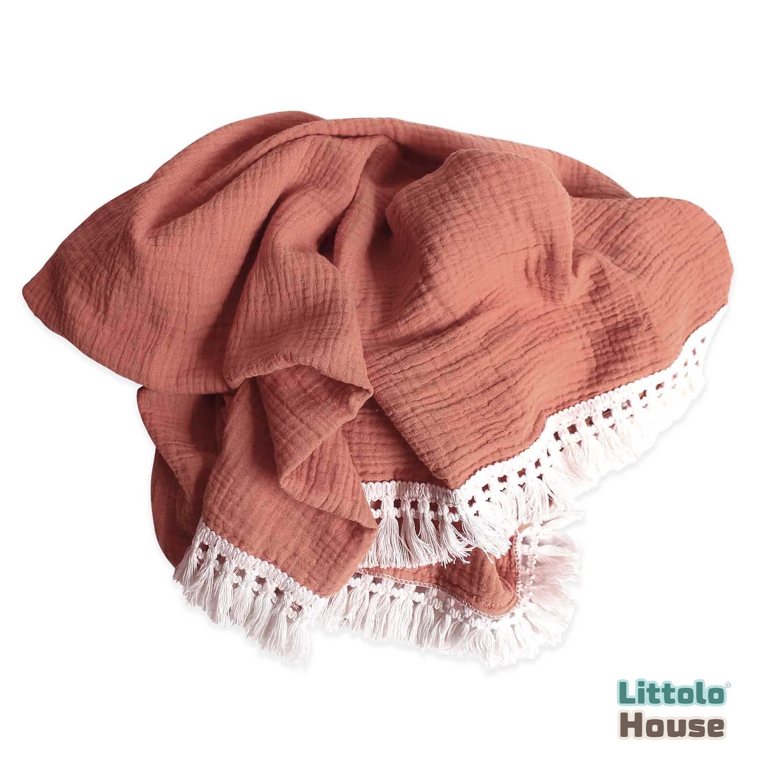 Cotton Gauze Blanket with Tassels Lace Style 1 Layer | Brick Brown