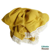 Cotton Gauze Blanket with Tassels Lace Style 1 Layer | Mustard