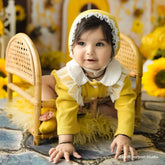 Baby Girl Bodysuit Lace Patchwork with Bonnet Outfit O086 | 1Y | Yellow