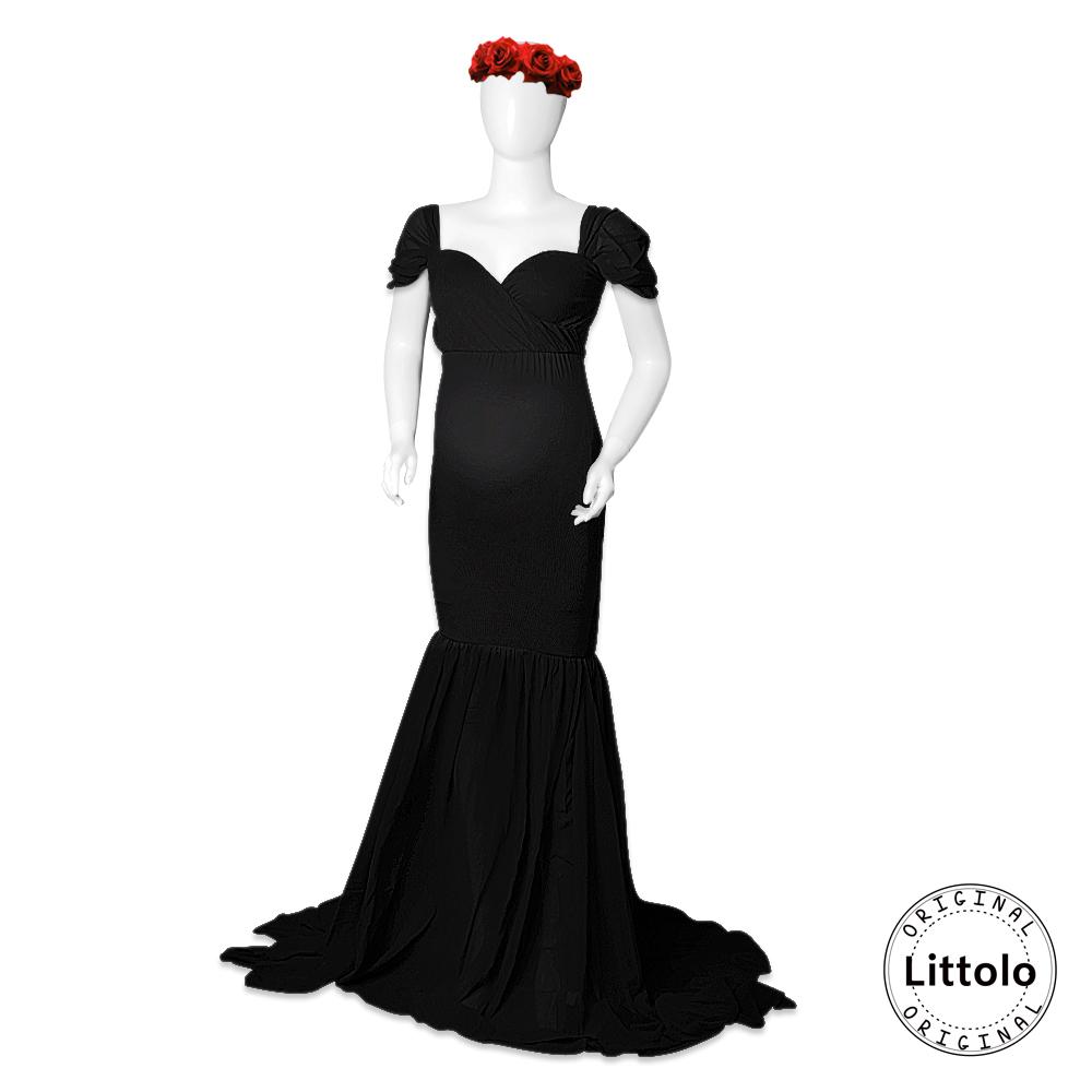 Chiffon Flowy Dress with Short Chiffon Sleeves M002 Maternity Gown | L | Black