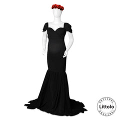 Chiffon Flowy Dress with Short Chiffon Sleeves M002 Maternity Gown | L | Black