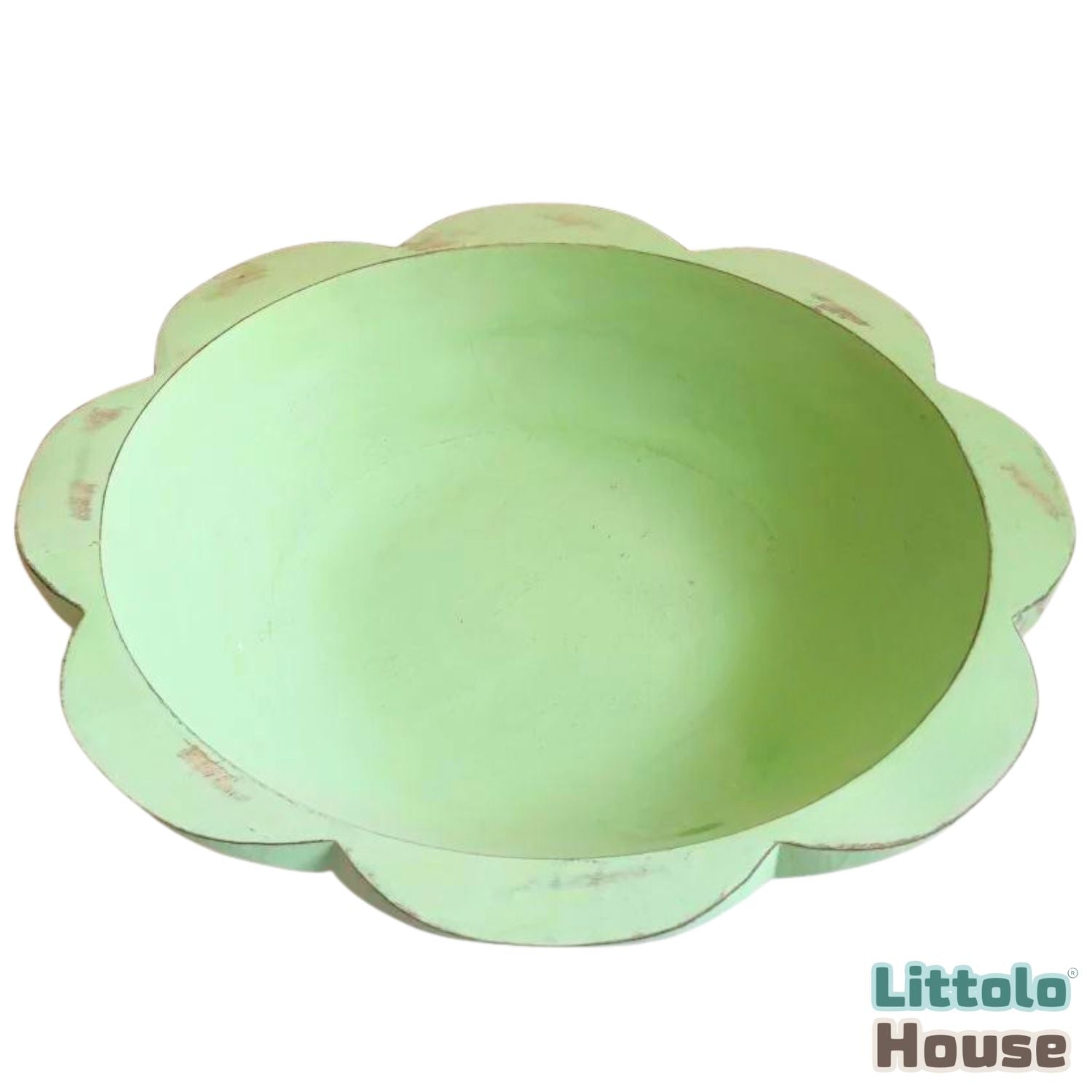 Handmade Flower Round Bowl | Wooden Tableware | Rustic Sage Green