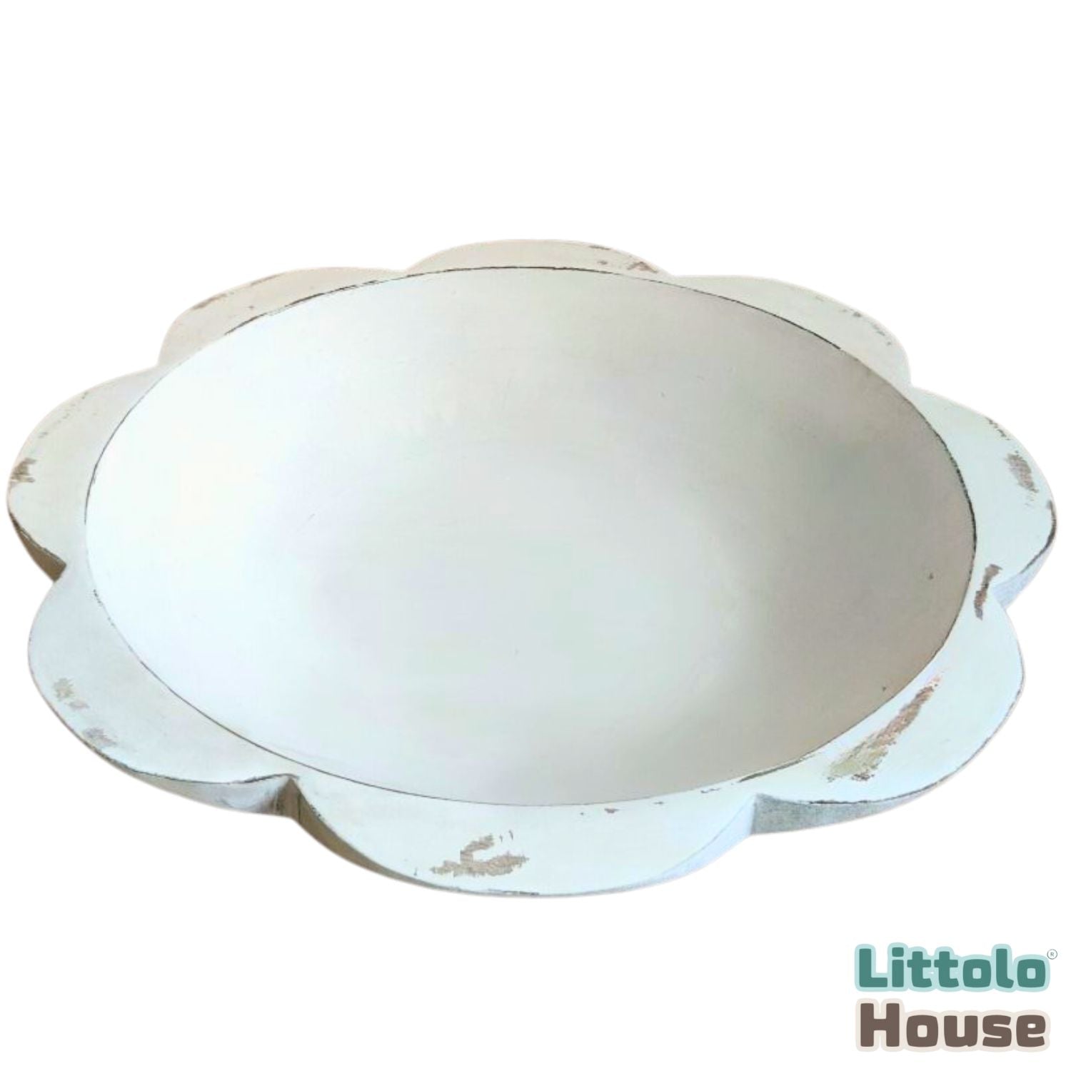 Handmade Flower Round Bowl | Wooden Tableware | Rustic White