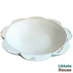 Handmade Flower Round Bowl | Wooden Tableware | Rustic White