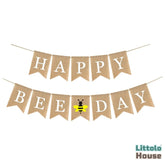Happy Bee Day Banner, Rustic Burlap Bunting Swallowtail Flags D190 Set of 1 | M | Khaki