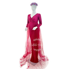 Jersey Maxi Dress with Net Flare M026 Maternity Gown | L | Cherry