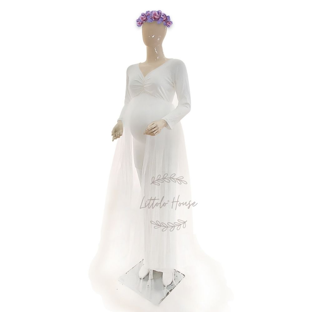 Jersey Maxi Dress with Net Flare M026 Maternity Gown | L | White Jersey Maxi Dress with Net Flare M026 Maternity Gown | L | White
