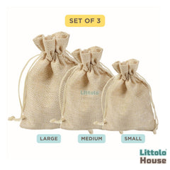 Linen Drawstring Money Bag | Pack of 3 | Jute