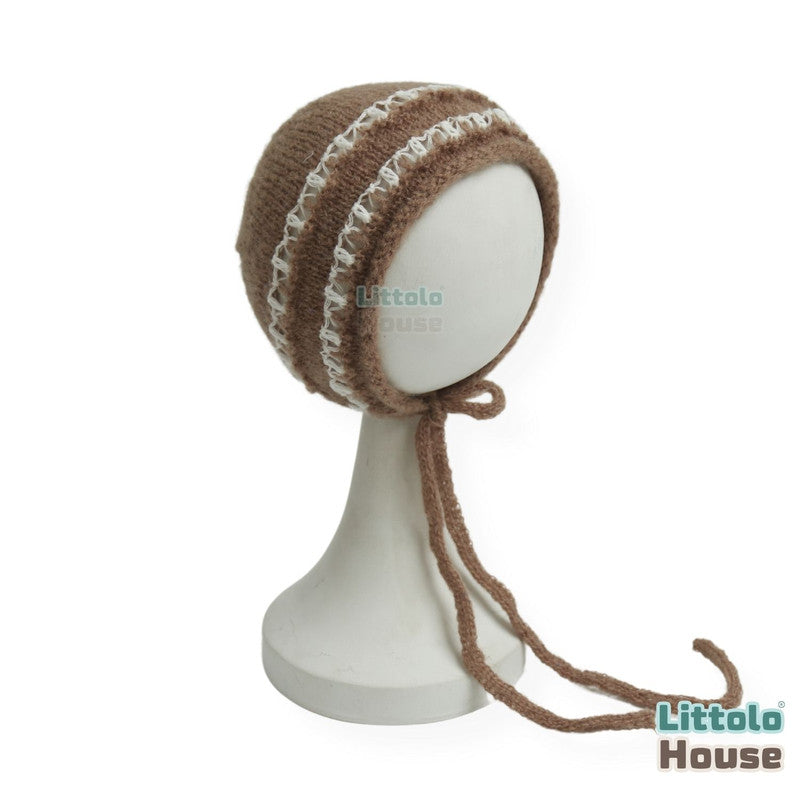 Baby Woolen Embroidery Pattern Bonnet | NB | Brown