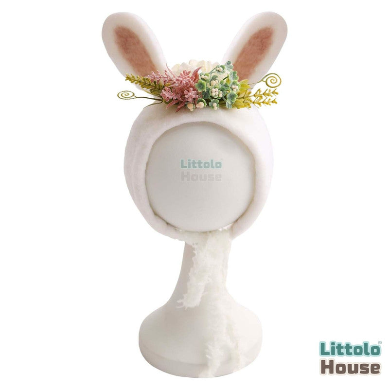 Handmade Felt Wool Cute Rabbit Bonnet Floral B040 | NB| Toon