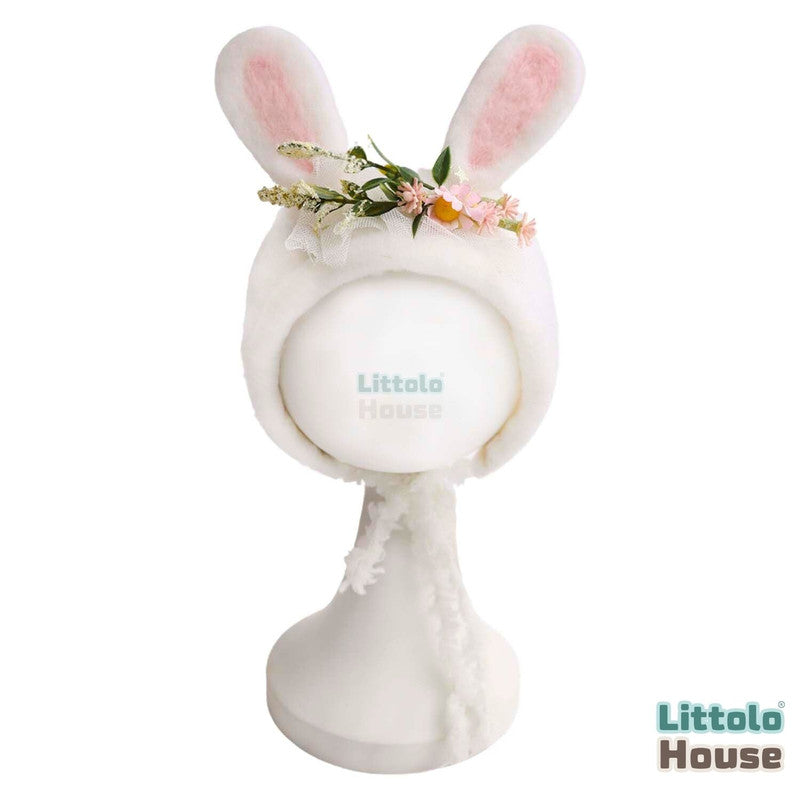 Handmade Felt Wool Cute Rabbit Bonnet Floral B040 | NB| Pink
