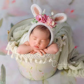 Handmade Felt Wool Cute Rabbit Bonnet Floral B040 | NB | Dark Pink