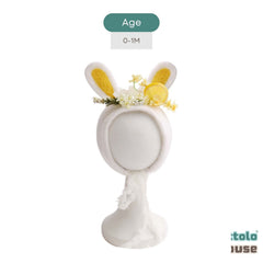 Handmade Felt Wool Cute Rabbit Bonnet Floral B040 | NB | Yellow