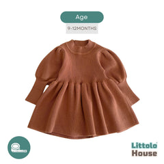 Baby Girl Puff Sleeve Girls Ribbed Dress O018 | 1Y | Brown