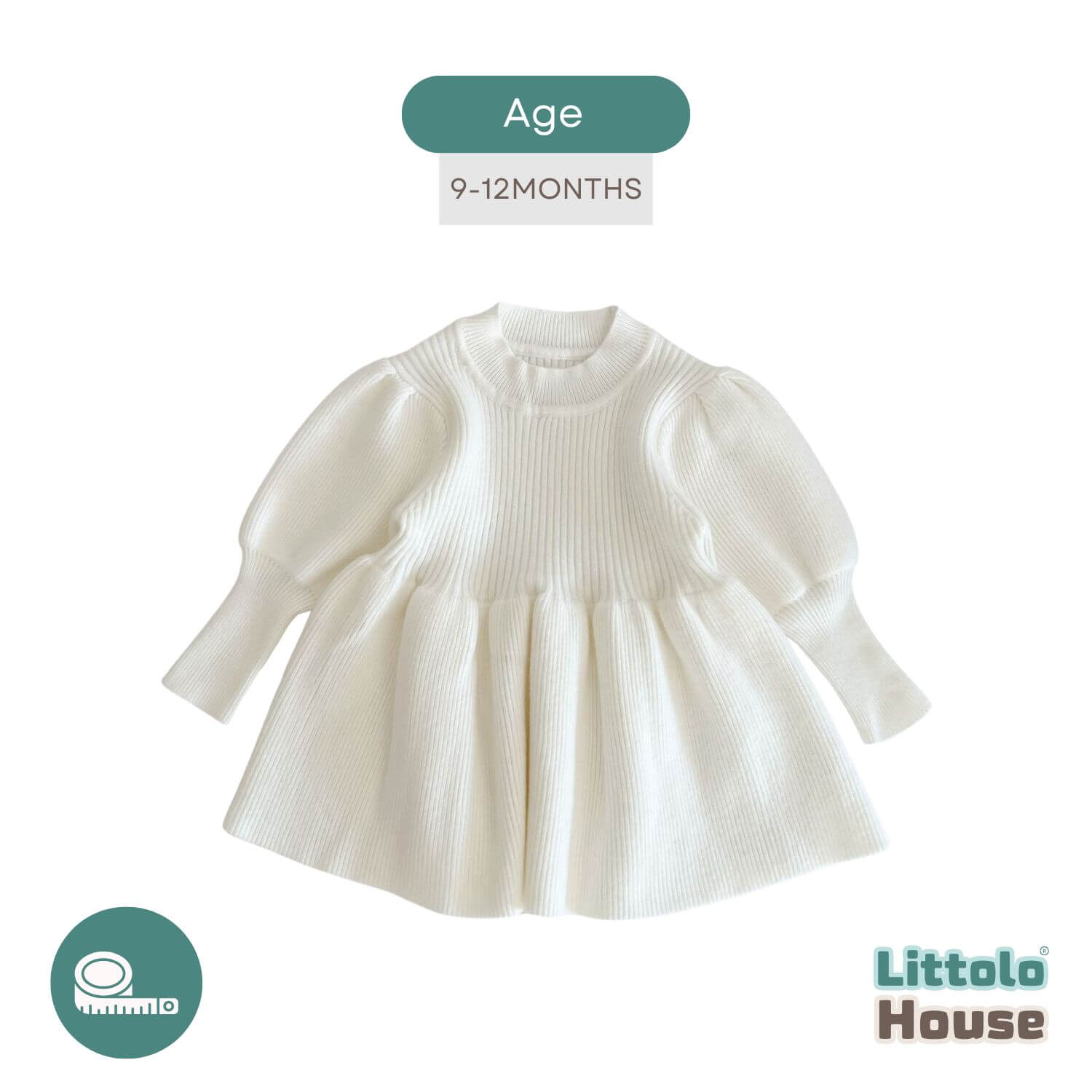 Baby Girl Puff Sleeve Girls Ribbed Dress O018 | 1Y | Off White