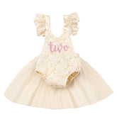 Baby Romper Lace Mesh Skirt with Airplane Sleeves Outfit O022 | 2Y | Beige