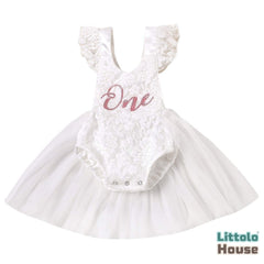 Baby Romper Lace Mesh Skirt with Airplane Sleeves Outfit O022 | 1Y | White